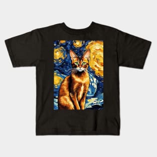 Adorable Abyssinian Cat Breed Painting in a Van Gogh Starry Night Art Style Kids T-Shirt